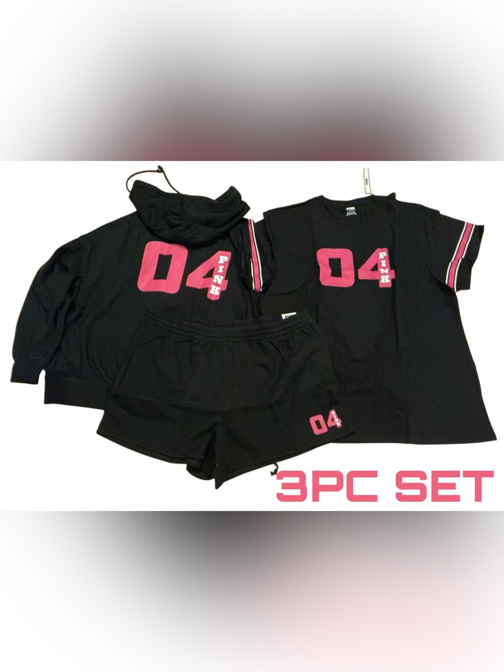 NEW VICTORIAS SECRET PINK 3PC SET ZIP HOODIE SHORTS & CAMPUS OVERSIZED TEE SHIRT